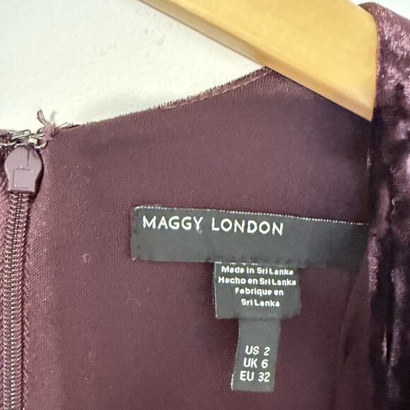 Maggy London Burgundy Crushed Velvet Midi Dress, Long Sleeve, Size 2 - Picture 5 of 14